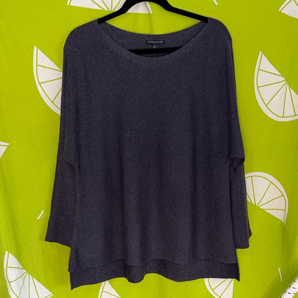 Eileen Fisher Metallic Charcoal Gray Scoop Neck Sweater Petite Large
